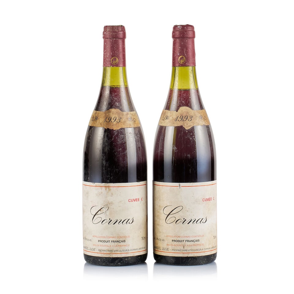 Marcel Juge, Cornas, Cuvée C, 1993 (2 x 750ml): Marcel Juge, Cornas, Cuvée C, 1993 (2 x 750ml) Region: Rhône Valley Fill Level: under 2cm below base of capsules Capsule: 2x corroded Cork: ok Label: 2x stained and damp affected Packaging: