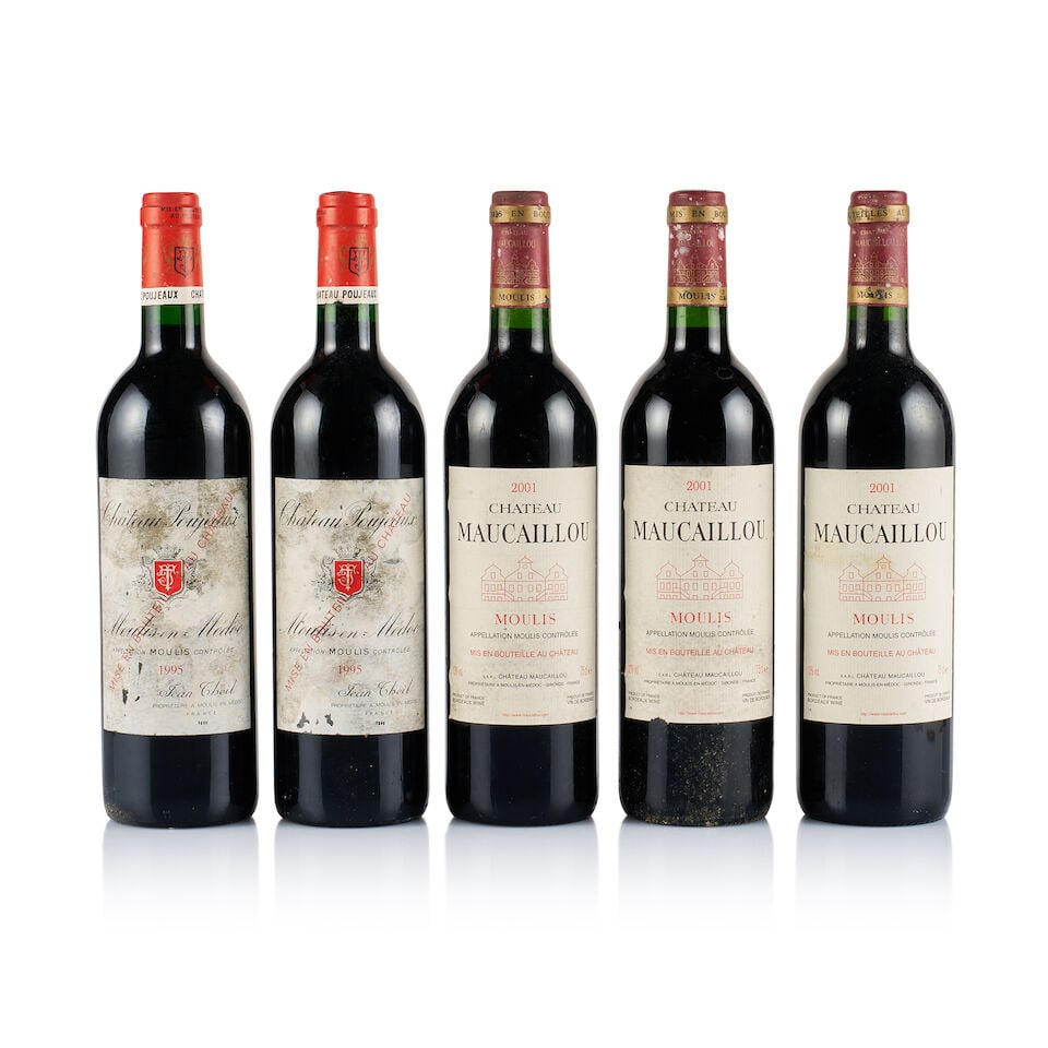 Mixed Lot of Moulis-en-Médoc, 1995 & 2005 (5 x 750ml): Château Poujeaux, Moulis-en-Médoc, 1995 (2 x 750ml) Region: Bordeaux Fill Level: into neck Capsule: ok Cork: ok Label: all slightly scratched, bin-soiled and damp affected Packaging: neutral