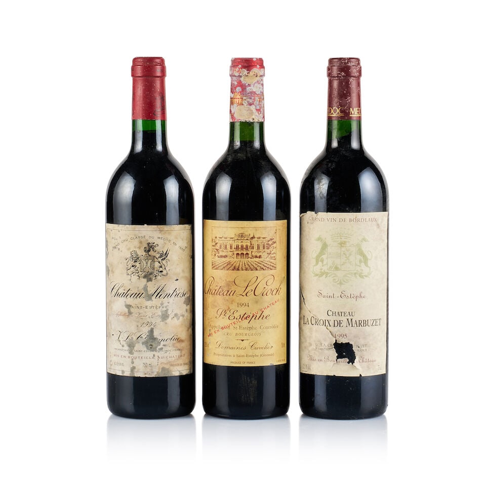 Mixed Lot of Saint-Estèphe, 1994 & 1995 (3 x 750ml): Château Le Crock, Saint-Estèphe, 1994 (1 x 750ml) Region: Bordeaux Fill Level: base of neck Capsule: badly corroded Cork: ok Label: damp affected Packaging: neutral carton Miscellaneous: Alc