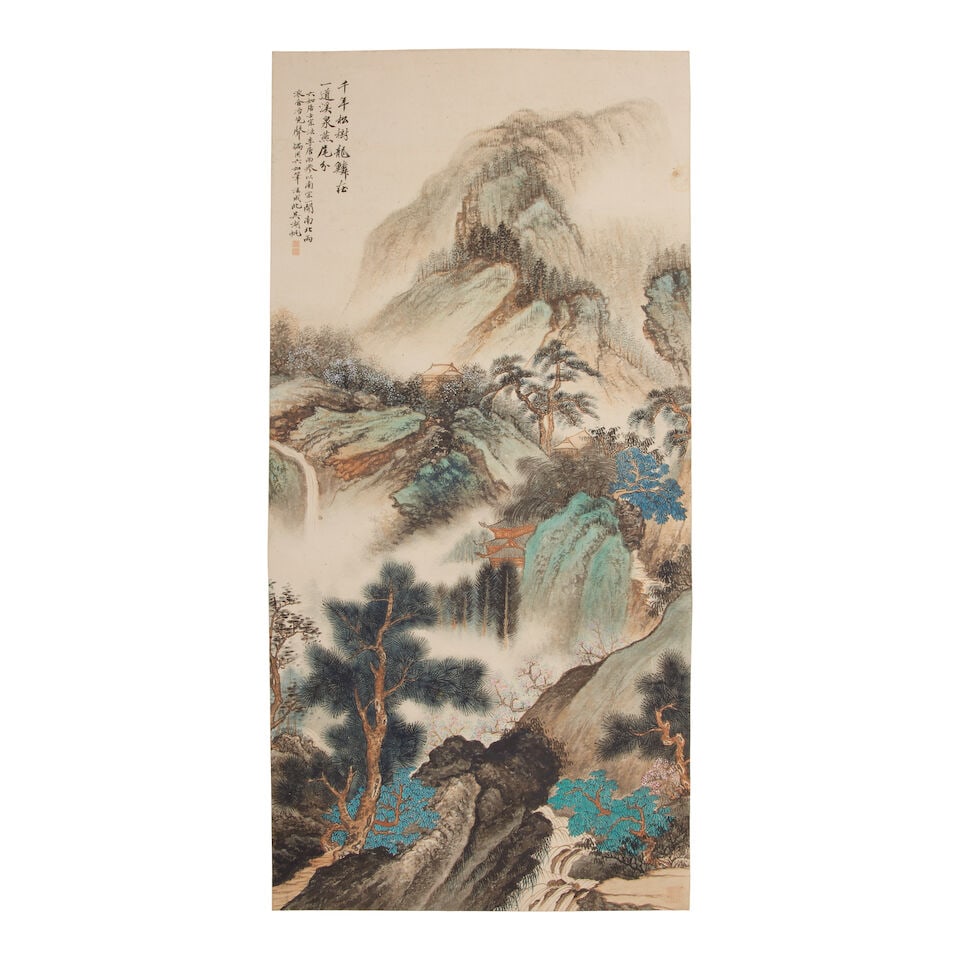 WU HUFAN (1894-1968) Landscape: WU HUFAN (1894-1968) Landscape Ink and color on paper, mounted for framing, inscribed by the artist, signed Wu Hufan, with three artist's seals. 41 x 33in（104 x 84cm) Footnotes: 吳湖