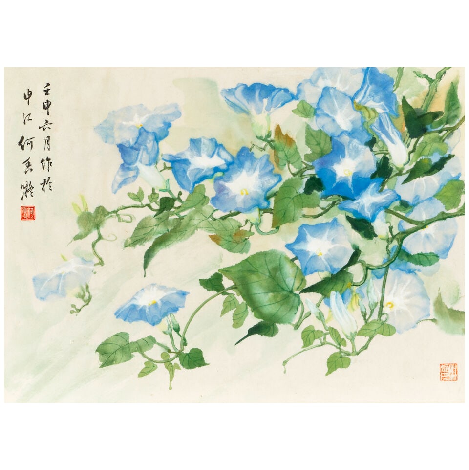 MEI LANFANG (1894-1961) AND HE XIANGNING (1878-1972) Two Flowers and Birds Paintings: MEI LANFANG (1894-1961) AND HE XIANGNING (1878-1972) Two Flowers and Birds Paintings Magpie, Plum and Bamboo, ink and color on silk, inscribed, dated yiyou (1945), signed Mei Lanfang and with an artis