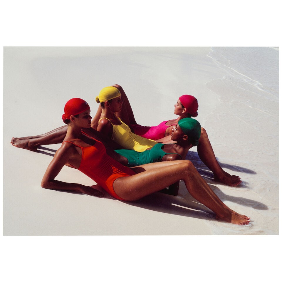 Gilles Bensimon (born 1944); 'Elle and Friends';: Gilles Bensimon (born 1944) 'Elle and Friends', 1987 Pigment print, printed later; flush-mounted, framed, the photographer's studio label, signed, titled, dated, annotated, and editioned '2/6' in ink,