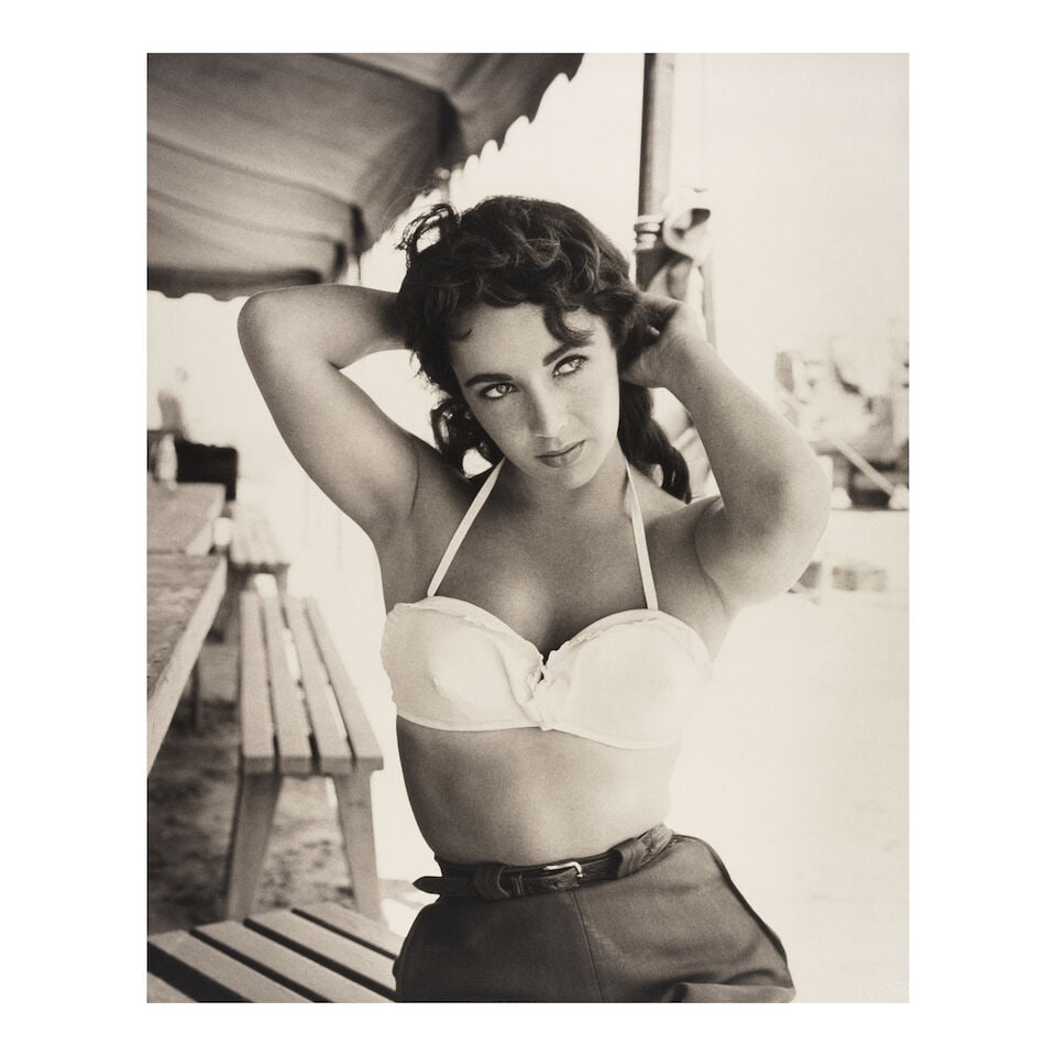 Frank Worth (1923-2000); Elizabeth Taylor with Bustier no. 1 on set of 'Giant';: Frank Worth (1923-2000) Elizabeth Taylor with Bustier no. 1 on set of 'Giant', 1955 Platinum print, printed posthumously; the 'Frank Worth Estate' blindstamp and with edition '10/15' in ink in the