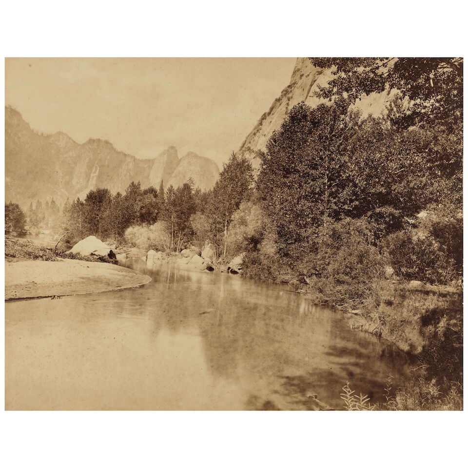 Eadweard Muybridge (1830-1904); Discovery Rocks, Valley of the Yosemite;: Eadweard Muybridge (1830-1904) Discovery Rocks, Valley of the Yosemite, 1872 Mammoth-plate albumen print; mounted. 16 1/2 x 21 1/4 in. (41.9 x 54 cm.) mount 18 7/8 x 23 3/8 in. (47.9 x 59.4