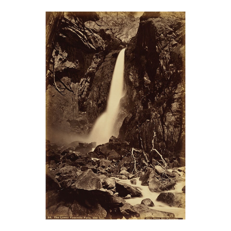 Carleton E. Watkins (1829-1916); Lower Yosemite Fall;: Carleton E. Watkins (1829-1916) Lower Yosemite Fall, 1865-66 Albumen print, printed later by Isaiah Taber; with Taber's credit, variant title, and number 'A 34' in the negative, mounted. 12 x 8 1/8