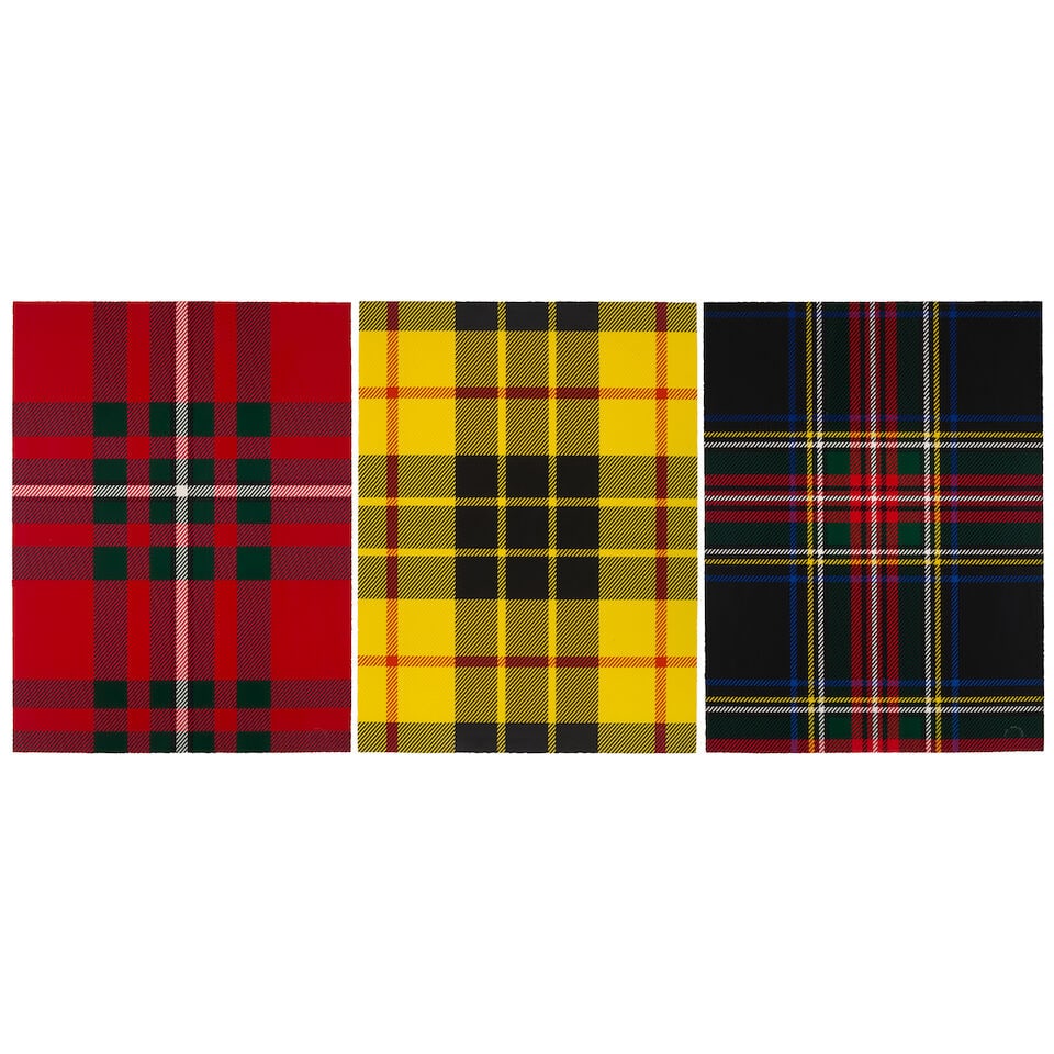 Sarah Charlesworth (1947-2013); Tartan Set (comprising 'MacGregor', 'Black Stewart', and 'Dress ...: Sarah Charlesworth (1947-2013) Tartan Set (comprising 'MacGregor', 'Black Stewart', and 'Dress Macleod'), 1986 Complete set of 3 photolithographs; each with the artist's blindstamp, initialed and