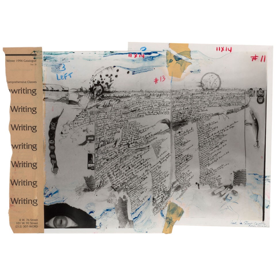 Peter Beard (1938-2020); 'Time is Now Country';: Peter Beard (1938-2020) 'Time is Now Country', c. 1996 Unique collage comprised of two gelatin silver prints and catalogue fragment; hand-embellished in blue ink and variously numbered in blue and