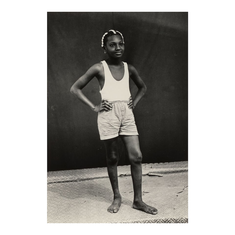 Malick Sidibé (1935-2016); 'actrice biénal jeunesse Mali';: Malick Sidibé (1935-2016) 'actrice biénal jeunesse Mali', c. 1976 Gelatin silver print, printed 2008; signed, titled, and dated in ink in the margin, framed, a Jack Shainman Gallery, New
