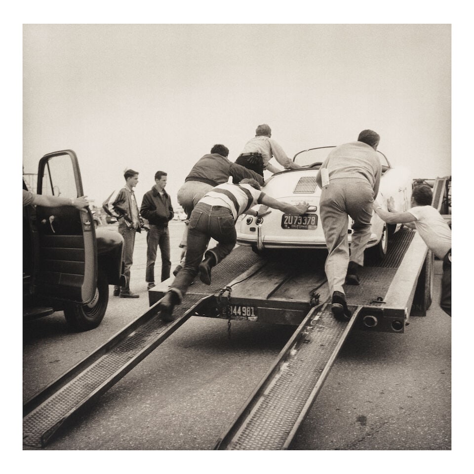 Frank Worth (1923-2000); James Dean Pushing His Porsche 'Little Bastard'; (1 of 2)