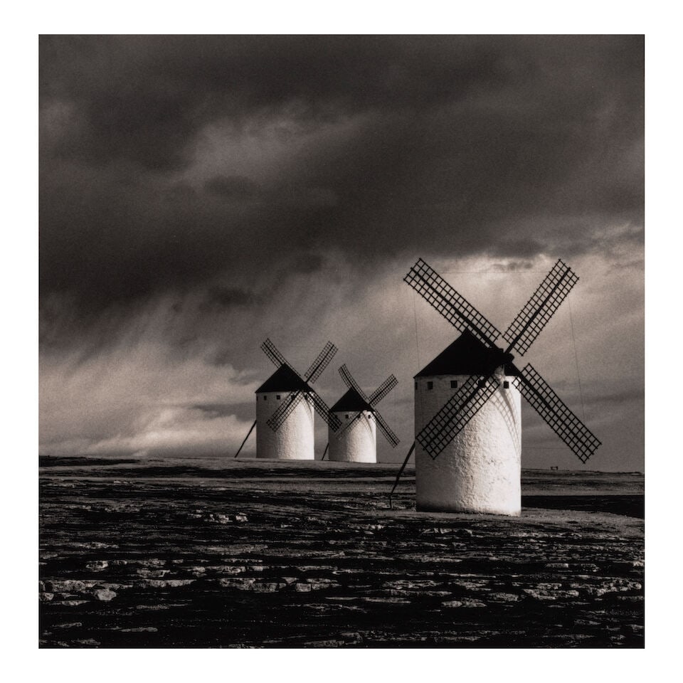 Michael Kenna (born 1953); 'Quixote's Giants, Study 1, Campo de Criptana, La Mancha, Spain';: Michael Kenna (born 1953) 'Quixote's Giants, Study 1, Campo de Criptana, La Mancha, Spain', 1996 Sepia-toned gelatin silver print; mounted, signed, dated, and editioned '18/45' in pencil on the mount,