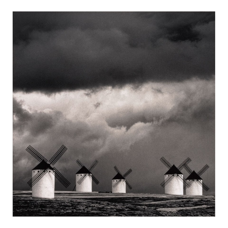 Michael Kenna (born 1953); 'Quixote's Giants, Study 2, Campo de Criptana, La Mancha, Spain';: Michael Kenna (born 1953) 'Quixote's Giants, Study 2, Campo de Criptana, La Mancha, Spain', 1996 Sepia-toned gelatin silver print; mounted, signed, dated, and editioned '3/45' in pencil on the mount, 