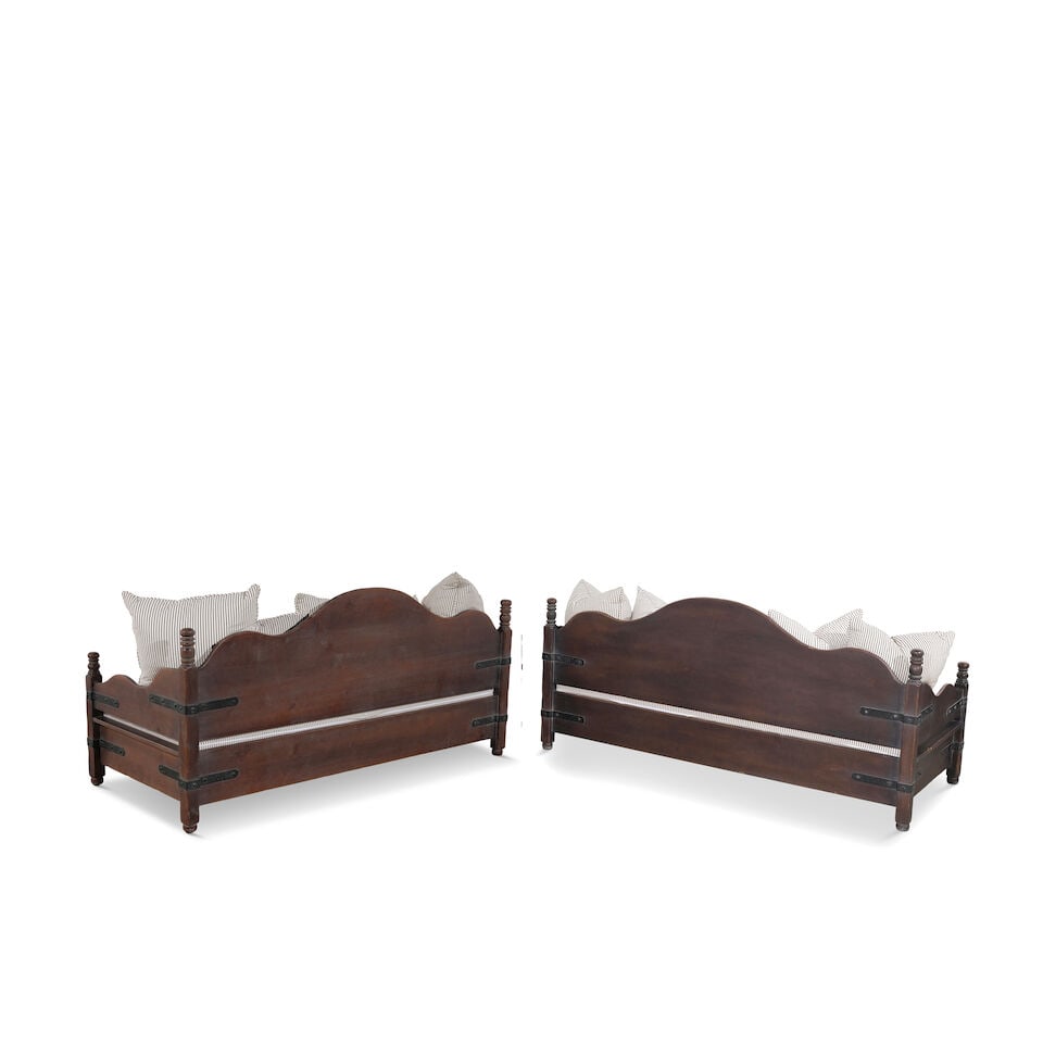 A PAIR OF MONTEREY STYLE IRON MOUNTED STAINED WOOD SETTEES - 2