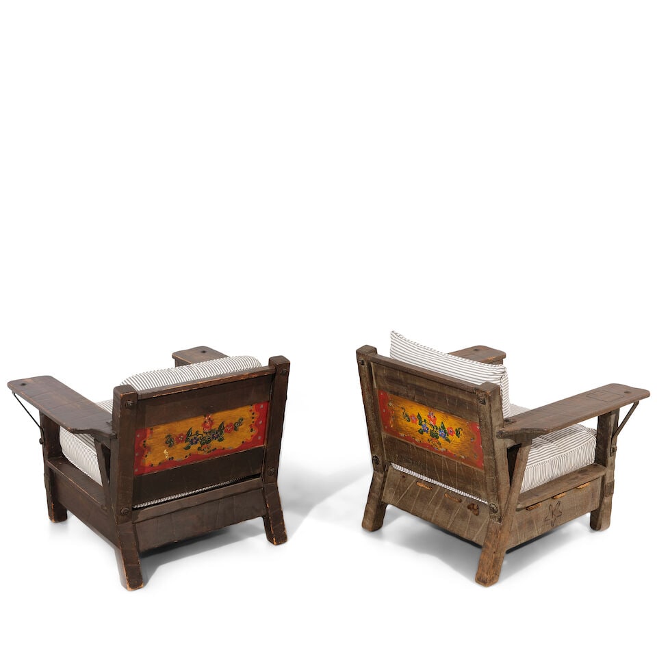 TWO MONTEREY IRON MOUNTED PAINT DECORATED AND OLD WOOD LIGHT STAINED CLUB CHAIRSCirca 1930 - 3