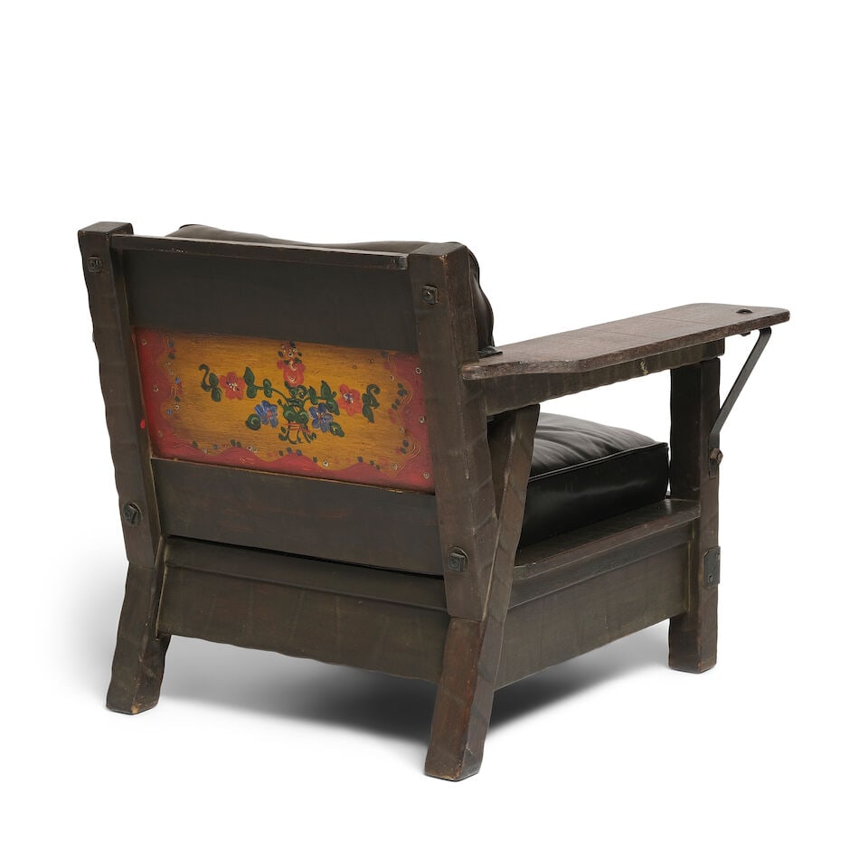 A MONTEREY IRON MOUNTED PAINT DECORATED AND OLD WOOD STAINED CLUB CHAIRCirca 1930 - 2