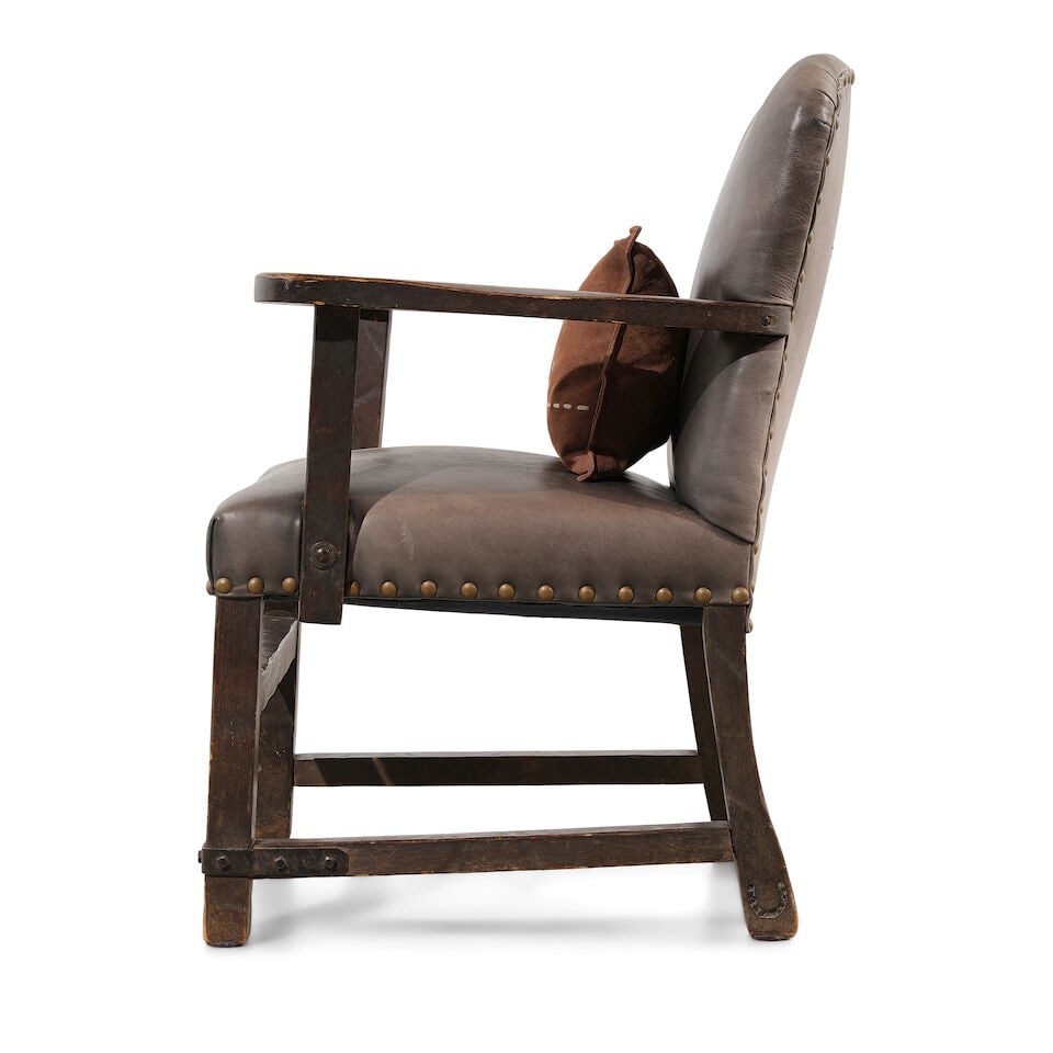 A MONTEREY IRON MOUNTED OLD WOOD STAINED LEATHER UPHOLSTERED ARMCHAIRCirca 1930 - 3