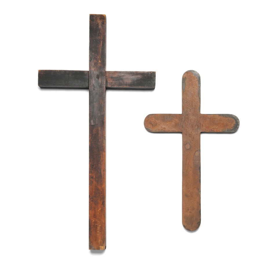 TWO RUSTIC CROSSES: TWO RUSTIC CROSSES One stained wood and one rusted metal mounted to wood. height of larger 53 1/2in; width 26 1/2in; depth 2 1/2in Footnotes: From Diane Keaton's living room in her Sullivan Canyon
