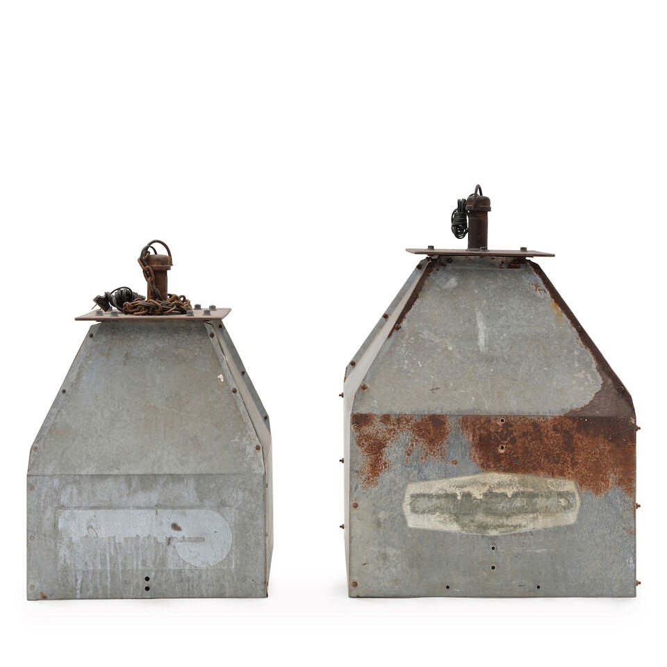 TWO INDUSTRIAL METAL CHICKEN FEEDER PENDANT LAMPSHADES20th century - 3