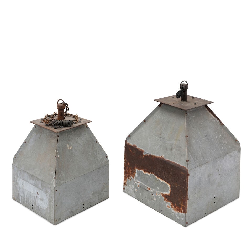 TWO INDUSTRIAL METAL CHICKEN FEEDER PENDANT LAMPSHADES20th century - 4