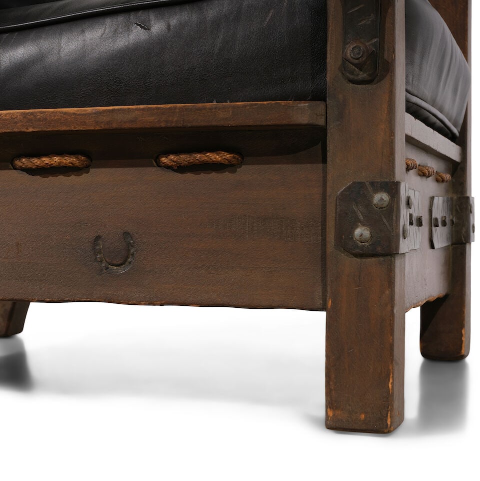 A MONTEREY IRON AND ROPE MOUNTED OLD WOOD STAINED CLUB CHAIRCirca 1930 - 2