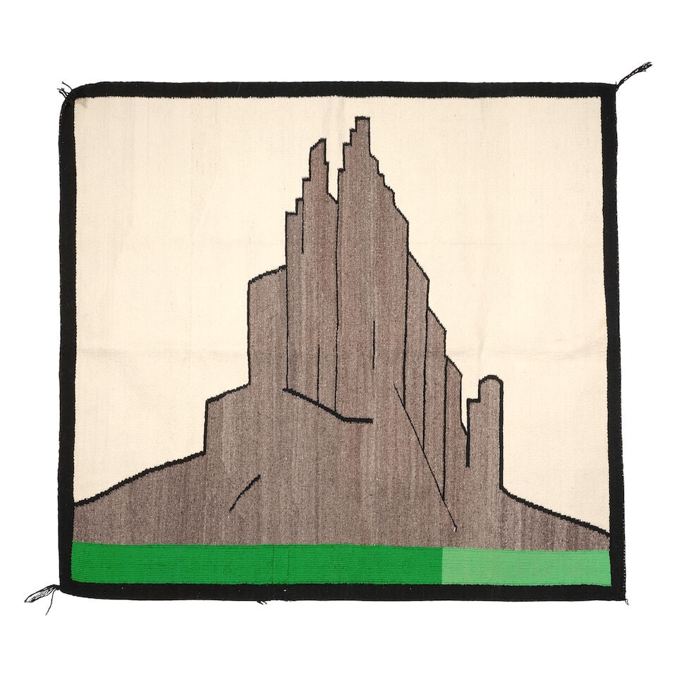 A NAVAJO (DINÉ) PICTORIAL WEAVING, SHIPROCK: A NAVAJO (DINÉ) PICTORIAL WEAVING, SHIPROCK Worked with a depiction of Shiprock monadnock above a green band and framed overall within a solid black border. size approximately 3ft 4 3/in x 3ft 7