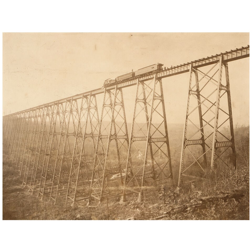 FRANK ROBBINS (AMERICAN, 1846-1924); Kinzua Bridge, McKean County, Pennsylvania;: FRANK ROBBINS (AMERICAN, 1846-1924) Kinzua Bridge, McKean County, Pennsylvania, c. 1883 Albumen print; mounted, framed. 14 x 18 3/4in mount 15 1/8 x 19 3/8in Footnotes: Literature Hatch, Vernelle A.,