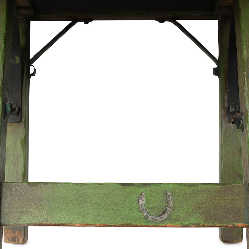 A MONTEREY IRON MOUNTED PAINT DECORATED SPANISH GREEN STAINED WOOD ARMCHAIRCirca 1930 - 2