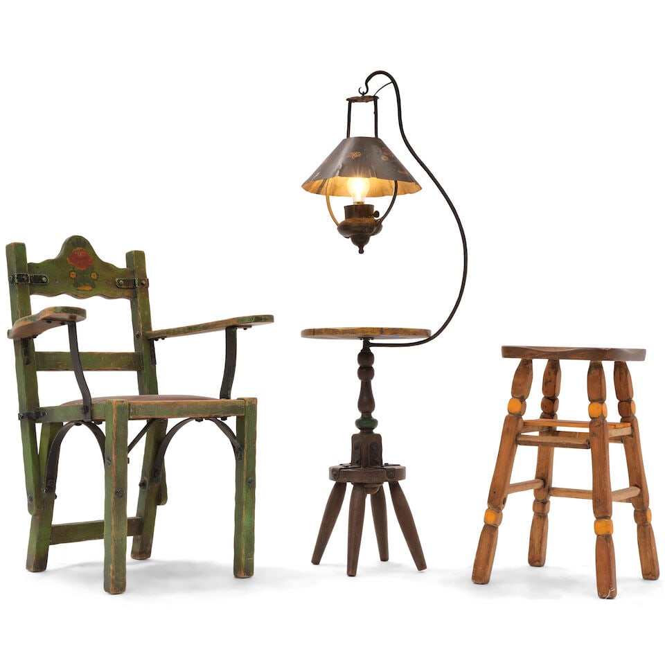 A MONTEREY IRON MOUNTED PAINT DECORATED SPANISH GREEN STAINED WOOD ARMCHAIRCirca 1930 - 3