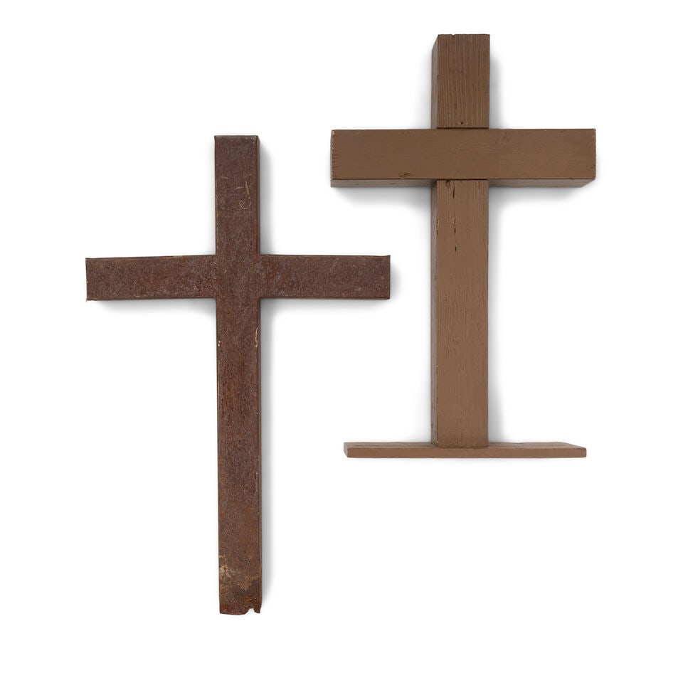 TWO RUSTIC CROSSES20th century: TWO RUSTIC CROSSES 20th century One metal and one stained wood. height of taller 33 1/2in; width 21 1/2in This lot is subject to the following lot symbols: ¤ ¤ Unless indicated by the ¤