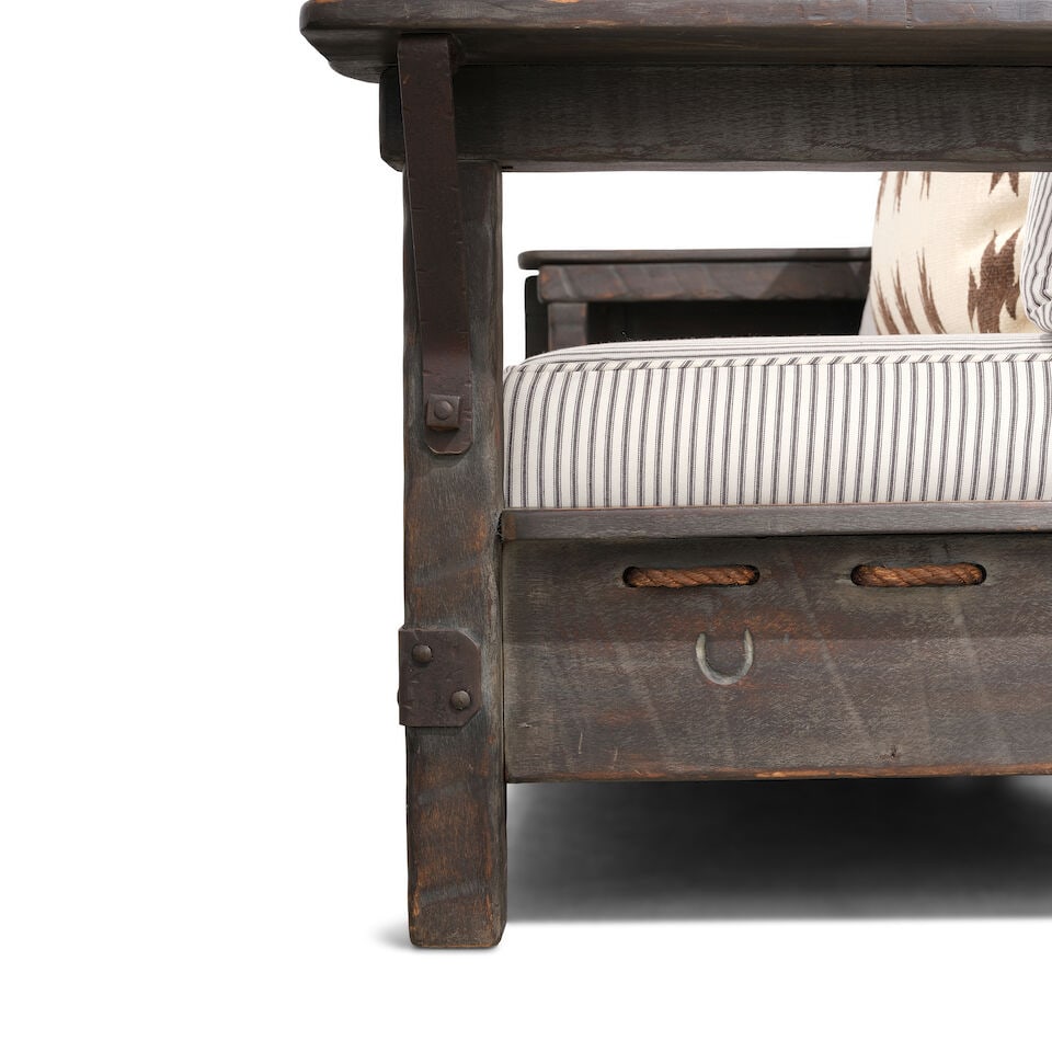 A MONTEREY IRON AND ROPE MOUNTED OLD WOOD STAINED SETTEECirca 1930 - 2