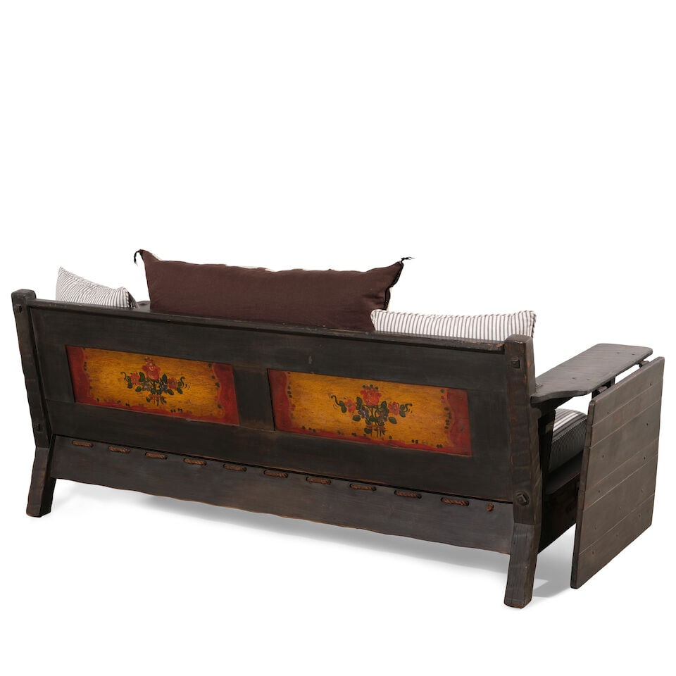 A MONTEREY IRON AND ROPE MOUNTED OLD WOOD STAINED SETTEECirca 1930 - 3