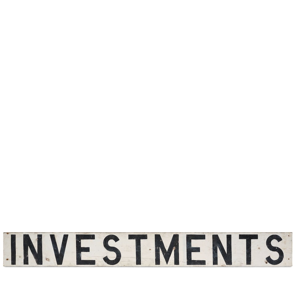 A RUSTIC PAINTED WOOD 'INVESTMENTS' SIGN20th century (1 of 1)