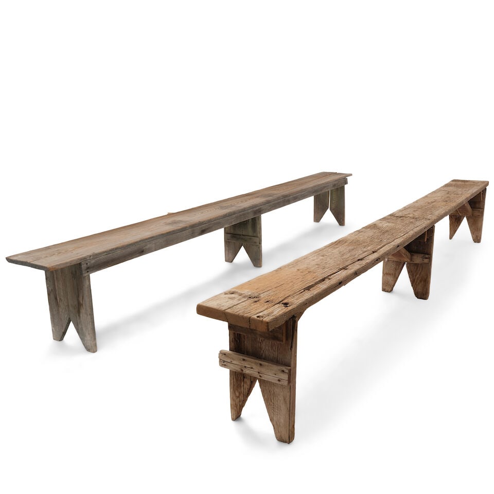 TWO RUSTIC WHITE WASHED PINE BENCHES20th century (1 of 3)