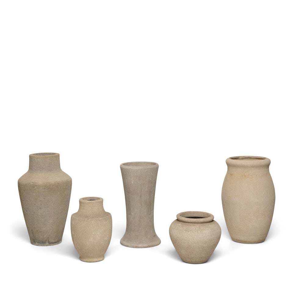 A GROUP OF CALIFORNIA HILLSIDE POTTERY CEMENT VASESLos Angeles, 20th century: A GROUP OF CALIFORNIA HILLSIDE POTTERY CEMENT VASES Los Angeles, 20th century Of varying styles and sizes. (5) height of tallest 27in; width 15in Footnotes: From Diane Keaton's living room and