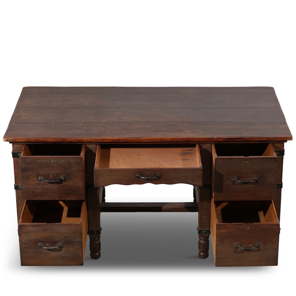 A MONTEREY STYLE IRON MOUNTED STAINED WOOD DESK AND CHAIR - 2