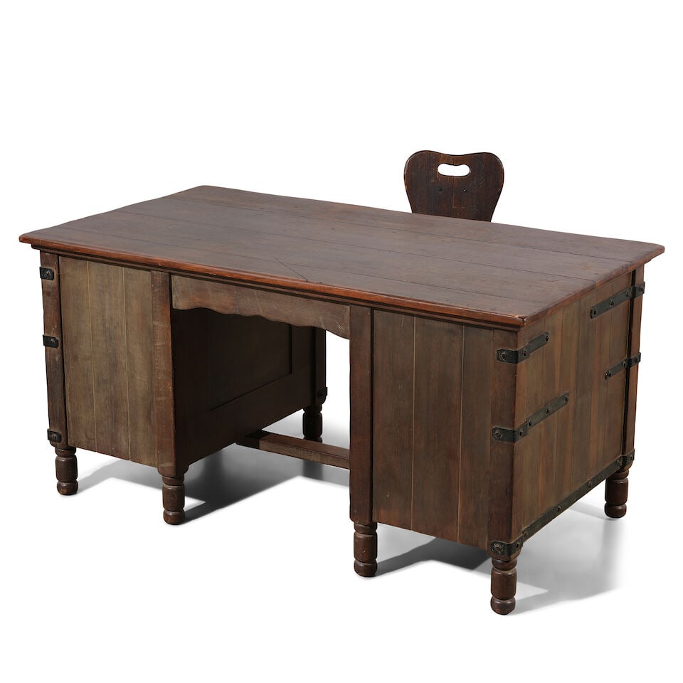 A MONTEREY STYLE IRON MOUNTED STAINED WOOD DESK AND CHAIR - 3