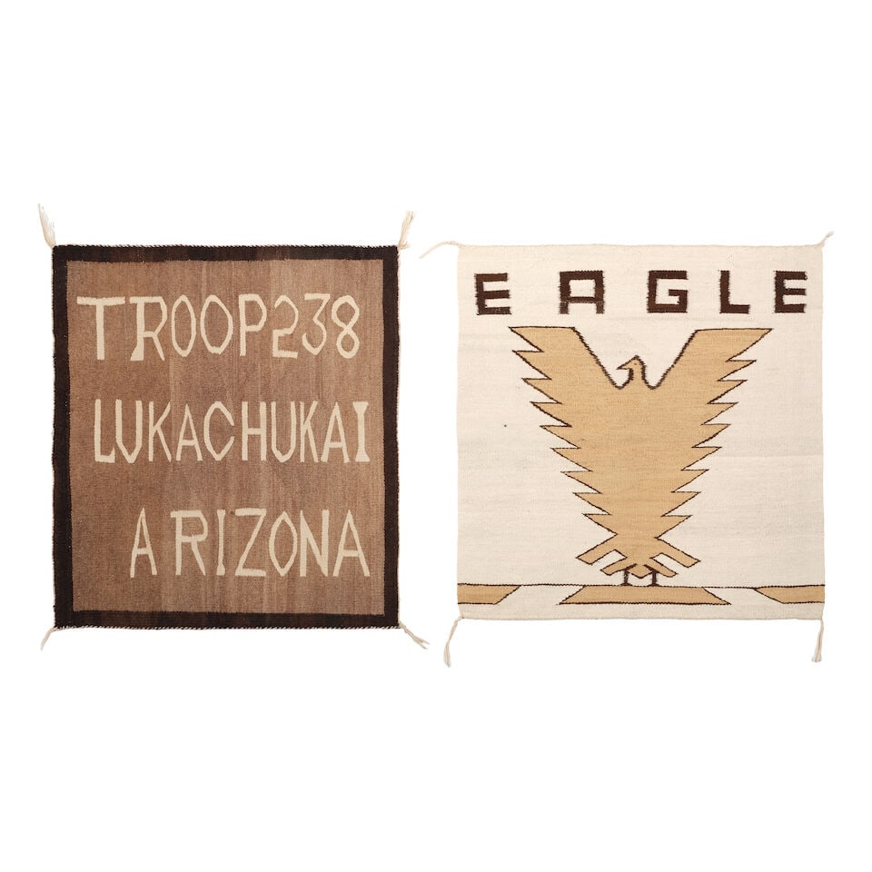 TWO DINÉ (NAVAJO) WEAVINGS: TWO DINÉ (NAVAJO) WEAVINGS The first worked with TROOP238 / LUKACHUKAI / ARIZONA within a solid border; the second worked with EAGLE above a perched eagle with wings outstretched. sizes