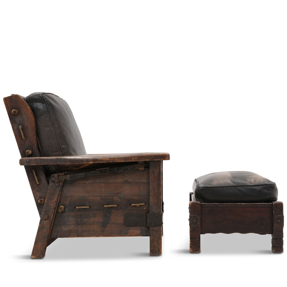 A MONTEREY STYLE IRON MOUNTED ROPE AND STAINED WOOD RECLINING CLUB CHAIR AND OTTOMAN - 2