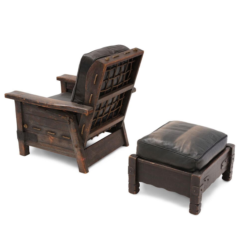 A MONTEREY STYLE IRON MOUNTED ROPE AND STAINED WOOD RECLINING CLUB CHAIR AND OTTOMAN - 3