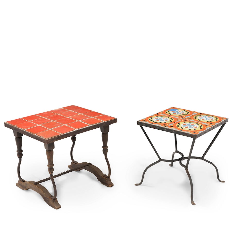 TWO MISSION STYLE TILE INSET PATIO TABLES20th century: TWO MISSION STYLE TILE INSET PATIO TABLES 20th century One with an iron base, the other with an iron and stained wood base. height of taller 18 1/2in; width 22 1/4in; depth 17 1/2in; height of