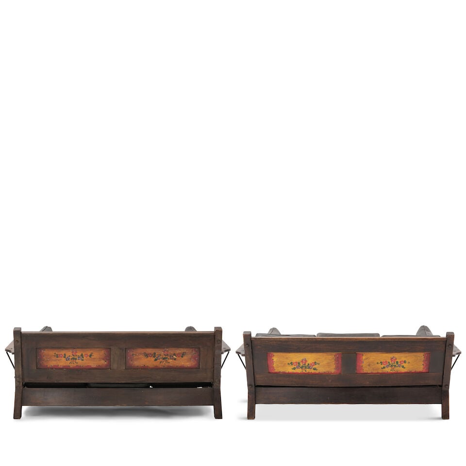 A PAIR OF MONTEREY PAINT DECORATED OLD WOOD STAINED SETTEESCirca 1930 - 2