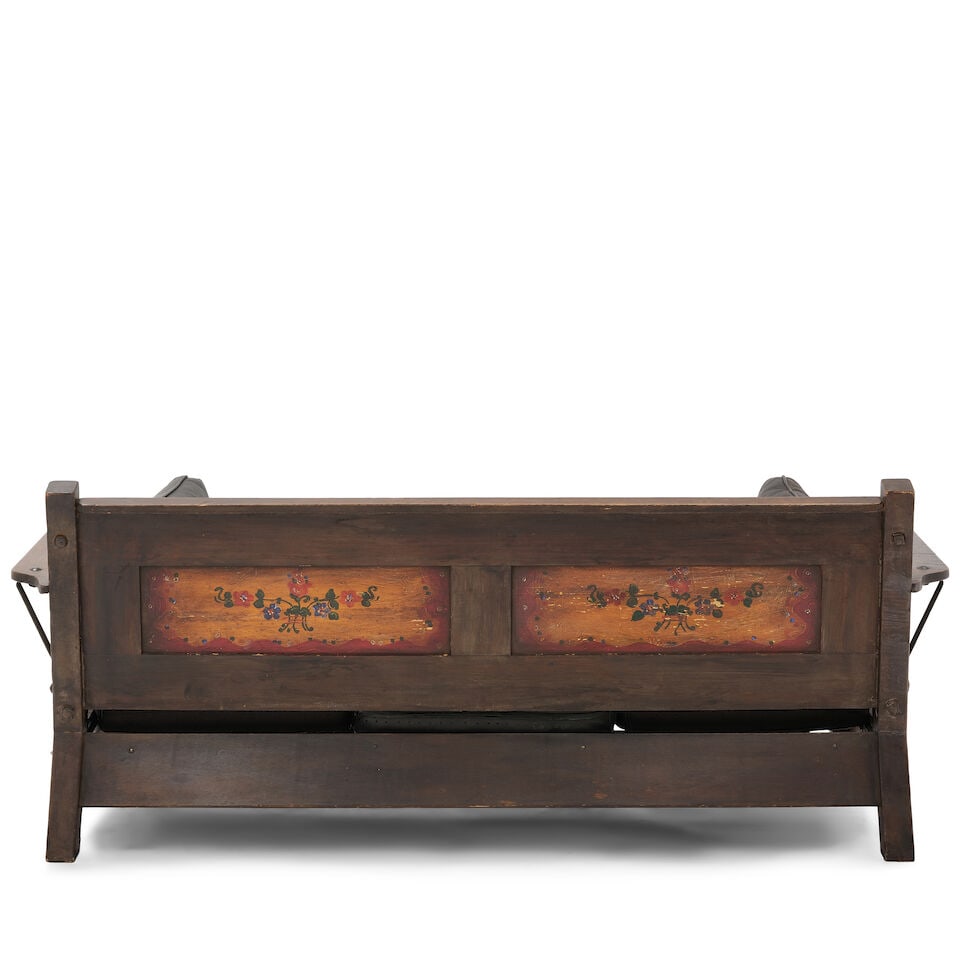 A PAIR OF MONTEREY PAINT DECORATED OLD WOOD STAINED SETTEESCirca 1930 - 7