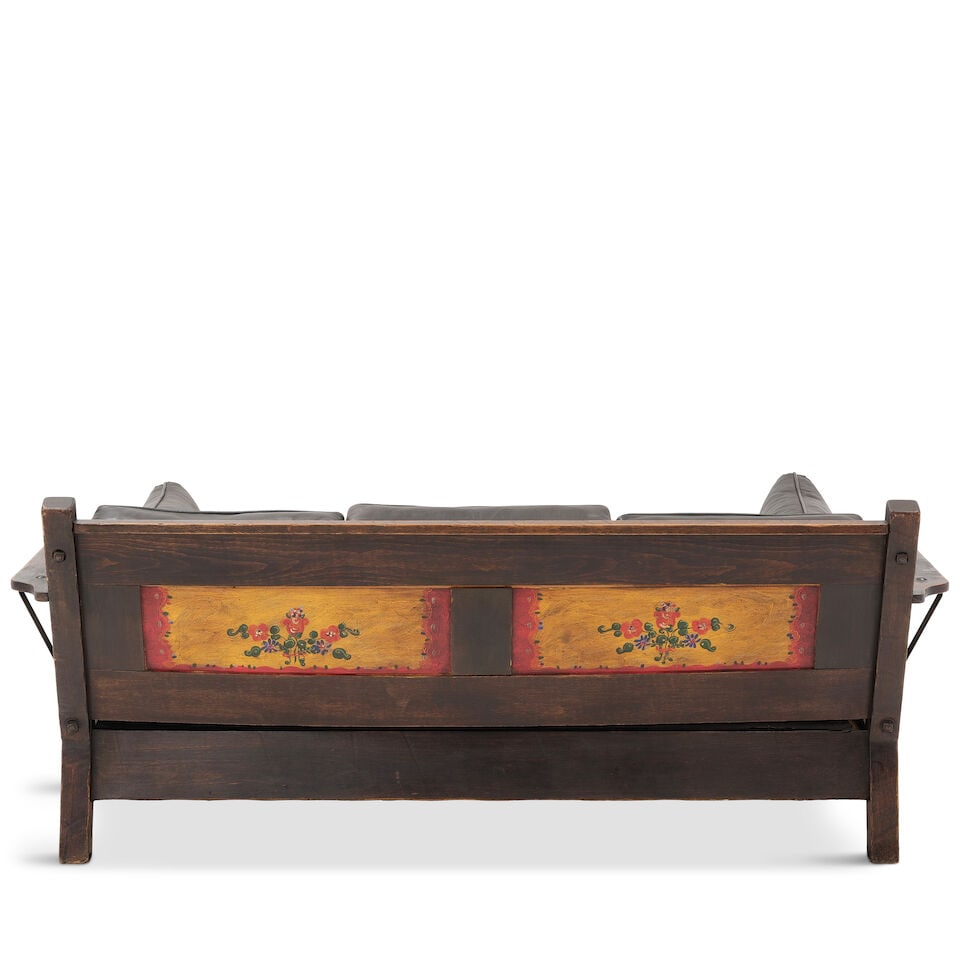 A PAIR OF MONTEREY PAINT DECORATED OLD WOOD STAINED SETTEESCirca 1930 - 8