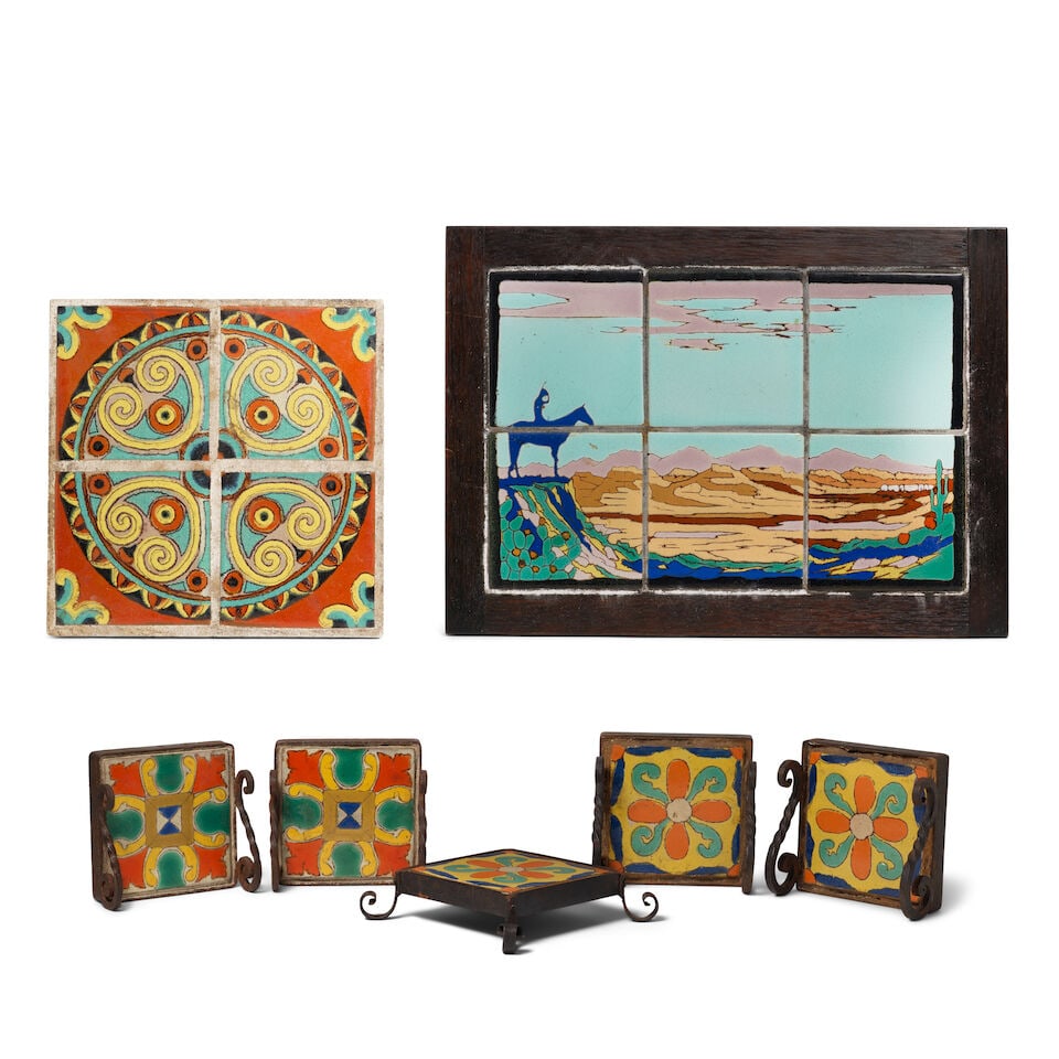 SEVEN MOUNTED SAN JOSE POTTERY TILES AND TILEWORK20th century: SEVEN MOUNTED SAN JOSE POTTERY TILES AND TILEWORK 20th century height overall of largest mounted tilework 15 1/2in; width 21 1/2in This lot is subject to the following lot symbols: ¤ ¤