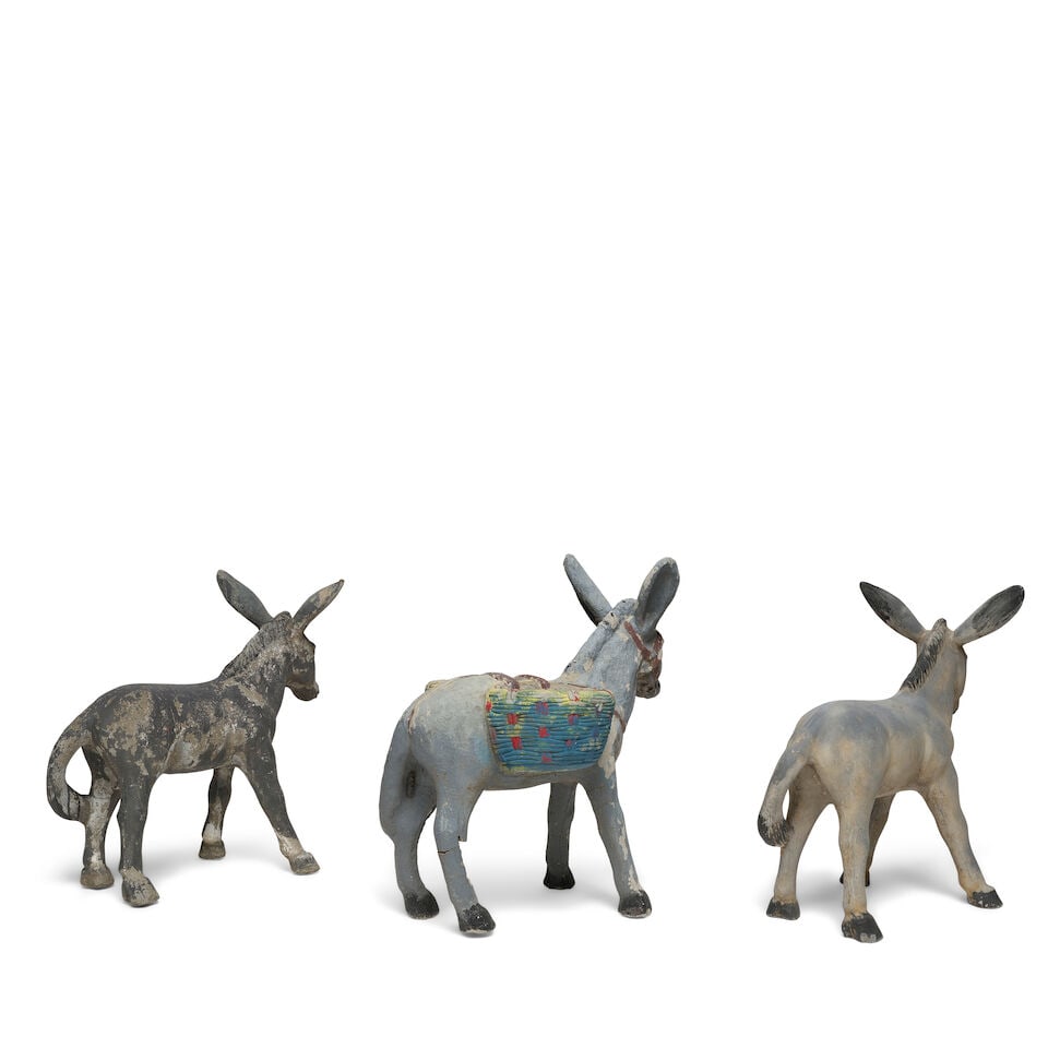 THREE PAINTED CEMENT FIGURES OF DONKEYS - 2