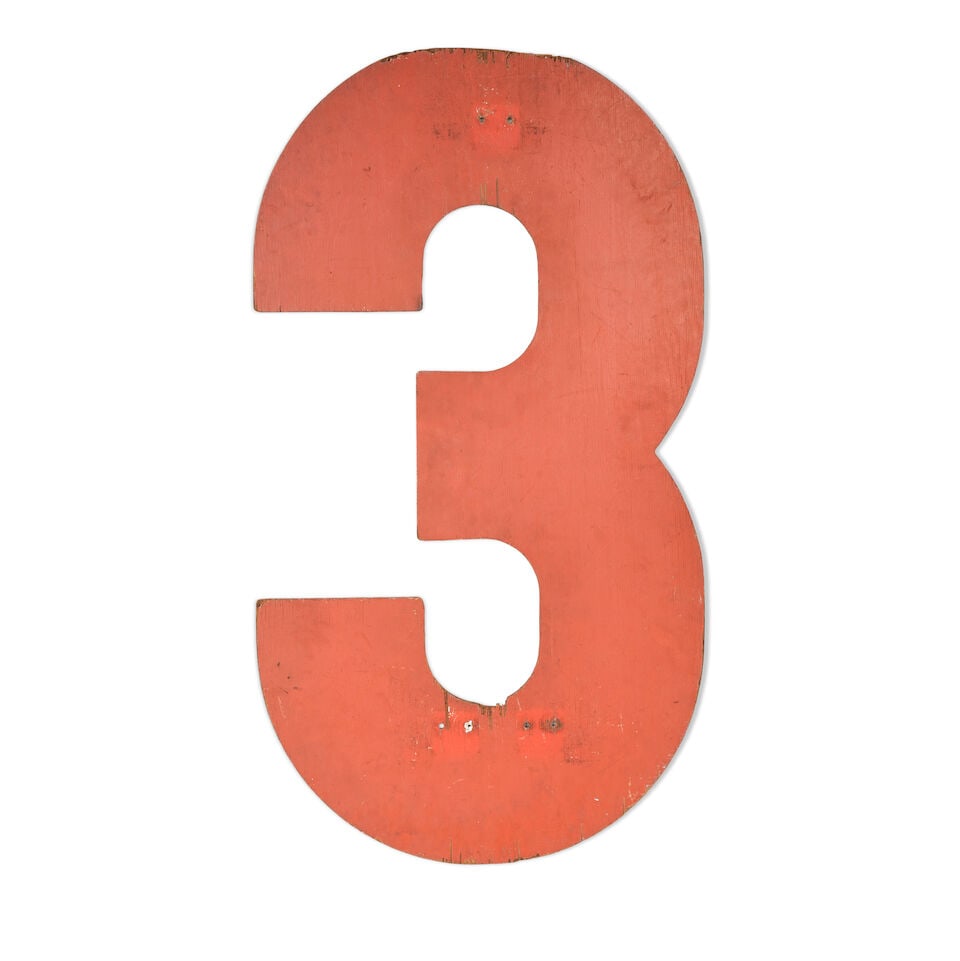 A RUSTIC ORANGE PAINTED WOOD NUMBER 3: A RUSTIC ORANGE PAINTED WOOD NUMBER 3 height 43in; width 24in Footnotes: From Diane Keaton's library in her Beverly Hills home. Literature Clarke, Gerald. (24 August 2017). Inside Diane Keaton's