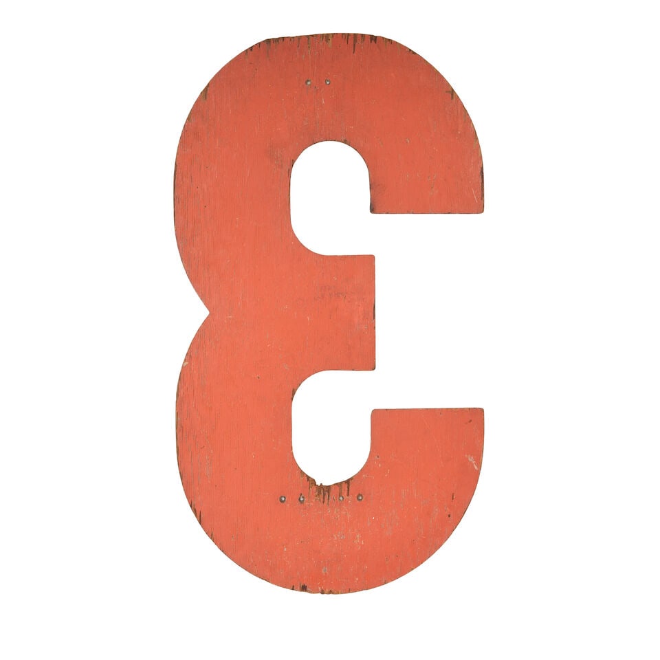 A RUSTIC ORANGE PAINTED WOOD NUMBER 3 - 2