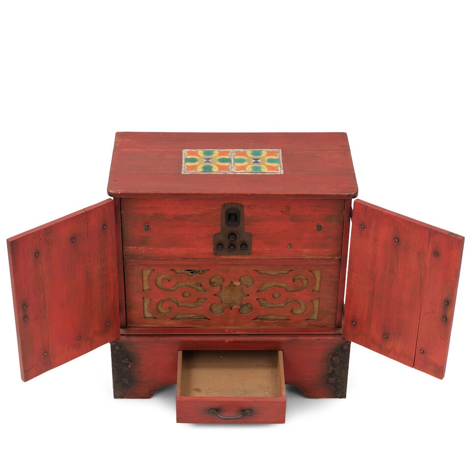 A MONTEREY STYLE IRON MOUNTED TILE INSET OLD RED STAINED RADIO CABINET1920s - 3