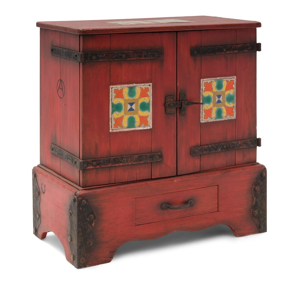 A MONTEREY STYLE IRON MOUNTED TILE INSET OLD RED STAINED RADIO CABINET1920s - 4