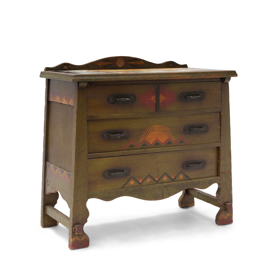 A MONTEREY IRON MOUNTED CATALINA TILE INSET PAINT DECORATED OLD WOOD STAINED LOWBOY DRESSERCirca... - 5