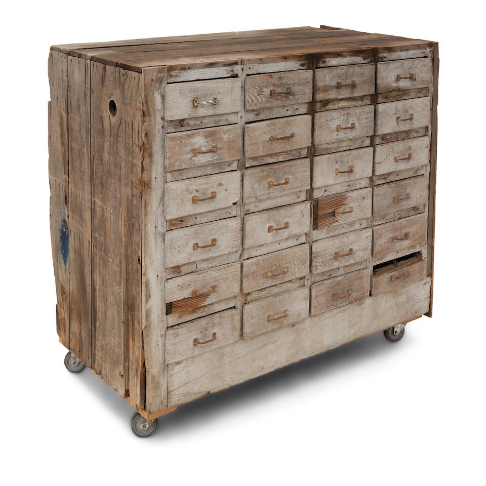 A RUSTIC WHITE WASHED PINE CARPENTER'S CHESTMid-20th century (1 of 3)